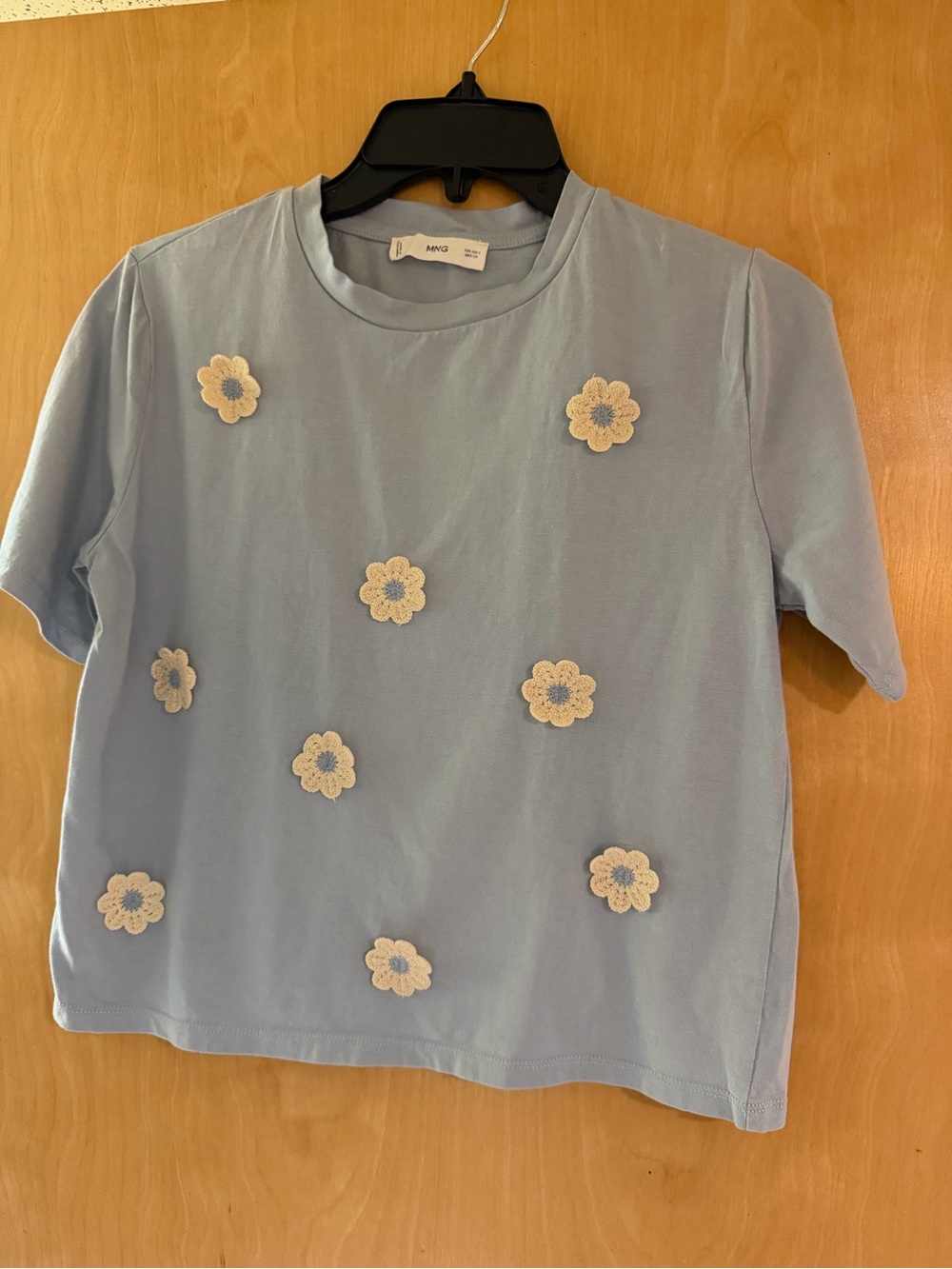 Mango Light Blue Tee with Cream Daisy Appliqués